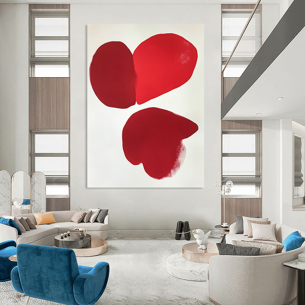 Contemporary hand-painted abstract art featuring two red hearts on a minimalistic white background inspired by Eric Carle and Jean Arp. DLZ1720