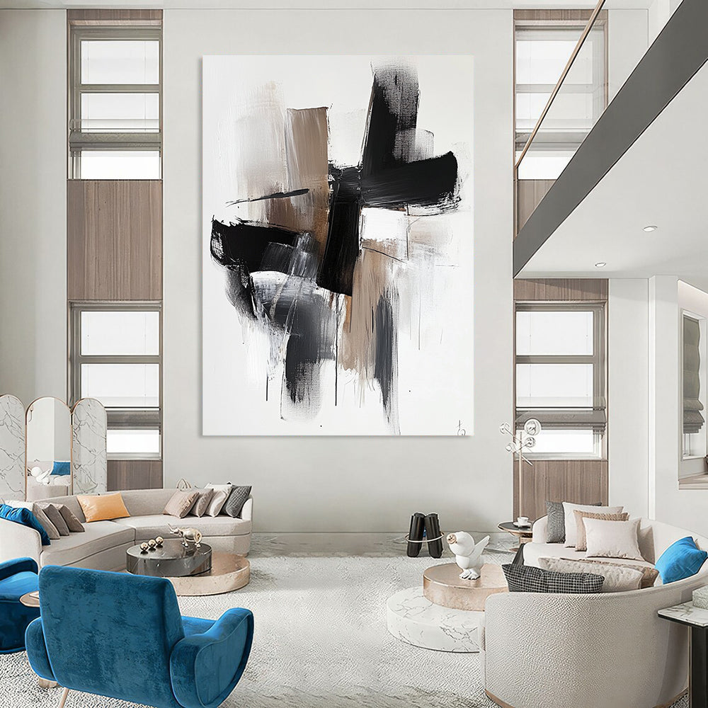 Contemporary hand-painted abstract art features bold black shapes with brown tones and white highlights on a minimalist background for a striking visual impact. DLZ0315