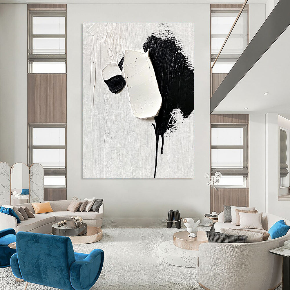 Contemporary hand-painted abstract art featuring a cute panda with detailed strokes of white and black on a minimalist background capturing softness and elegance. DLZ1737
