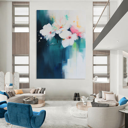 Contemporary abstract art featuring bold brush strokes on a white backdrop with aqua blue and pink floral accents. DLZ0750