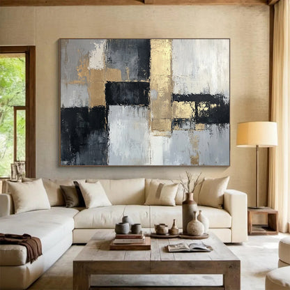 “Gold Accents on Gray Abstract” - Gray, white, black, gold; Abstract with geometric shapes and gold accents; Acrylic Painting On Canvas HB1268
