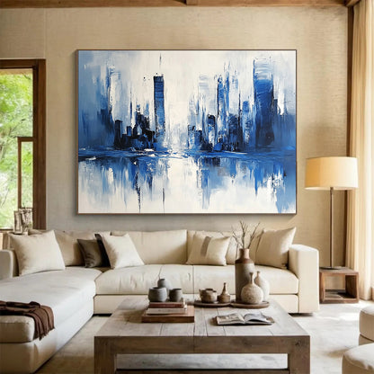 “Blue - White Cityscape Reflection” - Blue, White, Abstract Cityscape with Water Mirroring HB1117