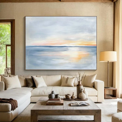 “Pastel Sea Sunset” - Soft Gray, Orange, Pink, Tranquil Seascape Painting On Canvas HB1005
