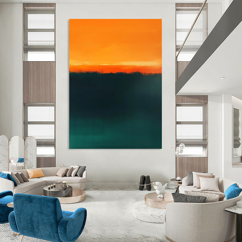 Contemporary hand-painted abstract art featuring dark green and orange tones with a tranquil teal gradient and warm amber horizon line for serene beauty. DLZ1384