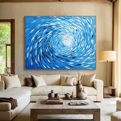 “Blue Fish Spiral” - Blue, White, Fish Spiral Oil Painting On Canvas HB0724