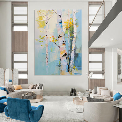 Contemporary hand-painted abstract art featuring birch trees with pastel hues expressing nature's beauty through soft brushstrokes and atmospheric light effects. DLZ1104