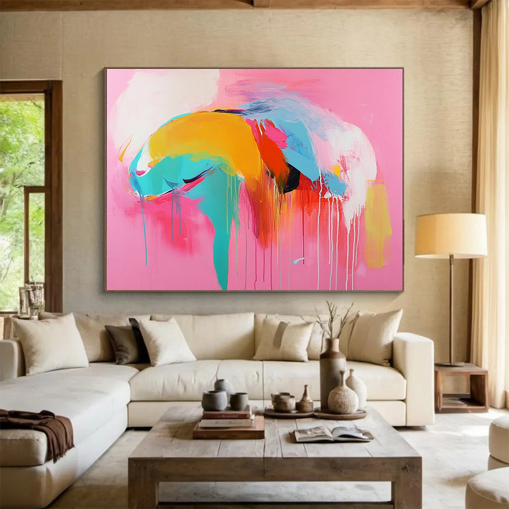 “Colorful Abstract Figure on Pink” - Pink, blue, yellow, orange, red; Abstract figure with colorful drips; Acrylic Painting On Canvas HB1220