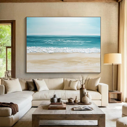 “Minimalist Beach” - Soft Blues, Beiges, Whites, Calm Beach Scene - Impasto Oil Painting HB1745