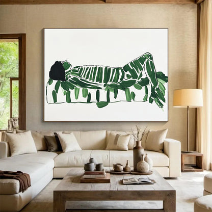 “Green - Leafed Figure” - Green leaves, black lines, Figurative Abstract Painting On Canvas HB0559