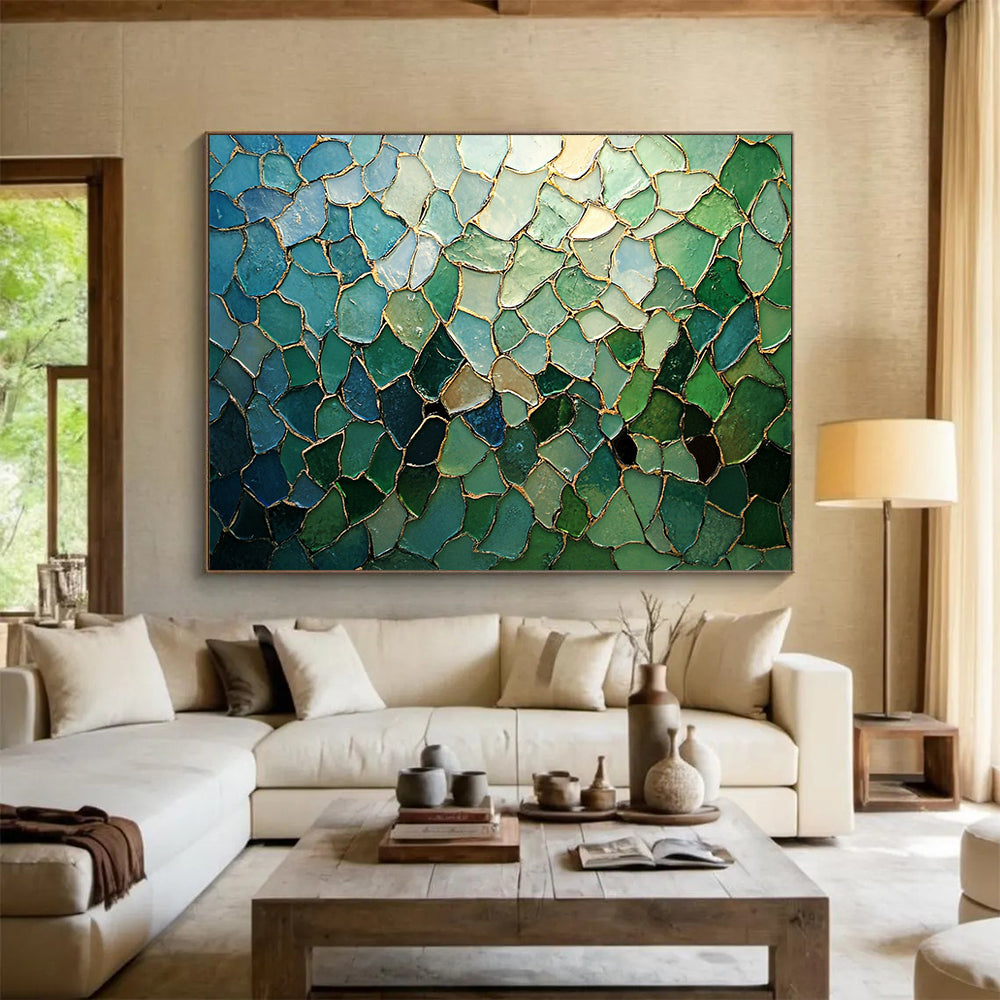 “Blue - Green Mosaic with Gold Lines” - Blue, Green, Gold, Irregular Mosaic Pieces - Mosaic Art HB1676