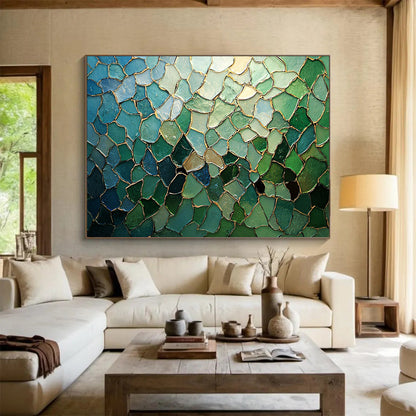 “Blue - Green Mosaic with Gold Lines” - Blue, Green, Gold, Irregular Mosaic Pieces - Mosaic Art HB1676