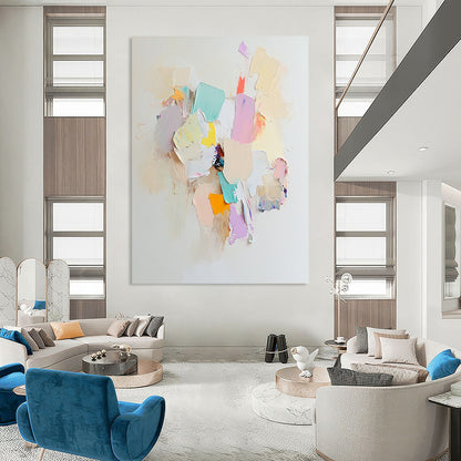 Contemporary abstract art features an arrangement of white paper pieces with soft colors, evoking calmness and serenity in a tranquil composition. DLZ0886
