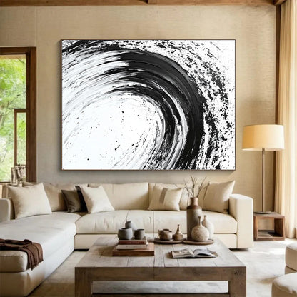 Black Curved Brushstrokes on White - “Flowing Ink Rhythm” Painting On Canvas HB216