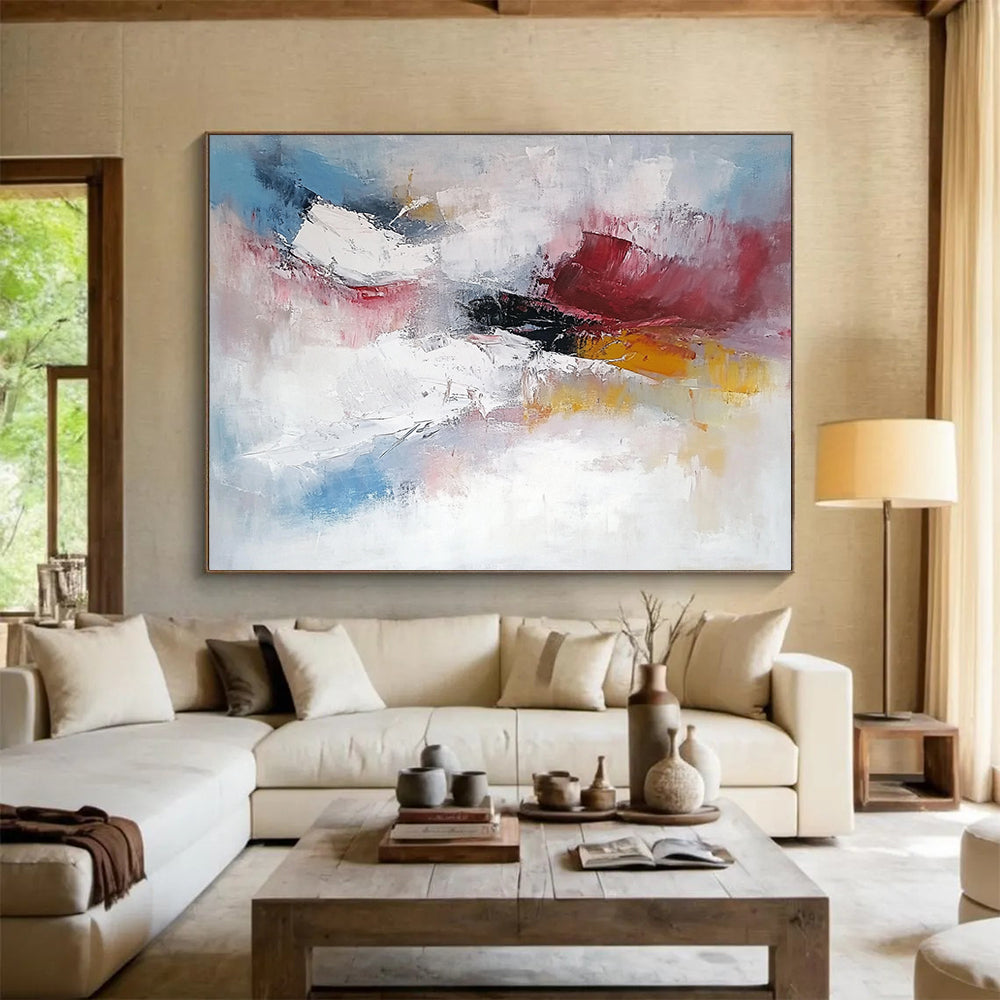 “Soft Abstraction” - Pink, white, blue, yellow; Gentle blended strokes evoke dreamy skies; Pastel Abstract Oil Painting On Canvas HB1170