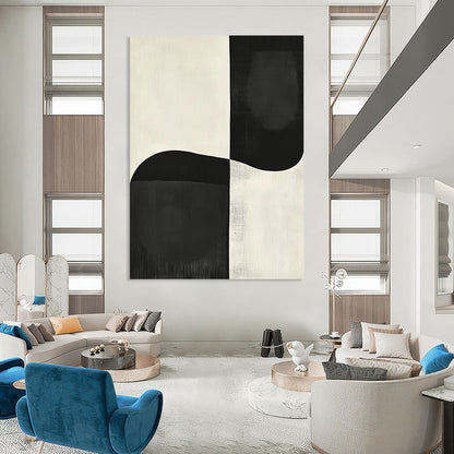 Contemporary abstract painting featuring large black and white shapes inspired by Japandi art and Peter Littleman, perfect for modern decor. DLZ1340