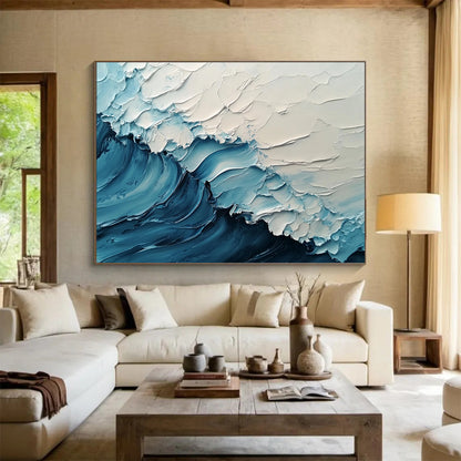 “Soft Blue and White Rippling Waves” - Light Blue, White, Textured Wave Abstract Painting On Canvas HB0977