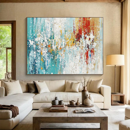 “Colorful Abstract Splash” - Teal, yellow, red, white; Abstract splash with vibrant colors; Acrylic Painting On Canvas HB1271