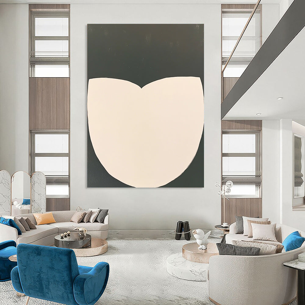 Contemporary abstract artwork featuring white half-circles on a dark gray background emphasizing simplicity and minimalism with clean lines. DLZ1428