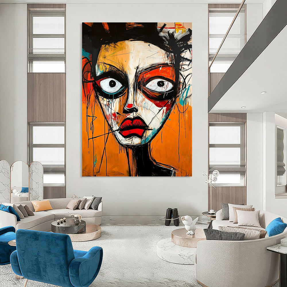 Contemporary hand-painted abstract artwork showcasing a vibrant face with strong emotions using dynamic shapes and expressive brush strokes in Basquiat style. DLZ1647