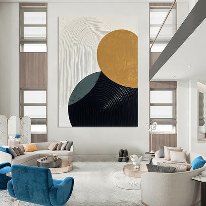 Contemporary hand-painted abstract art featuring minimalist black white and gold elements with textured ovals and curves in soothing beige and green tones. DLZ1353