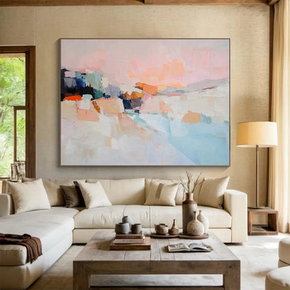 Soft Pink and Colorful Abstract Landscape - “Blush Horizon” Painting On Canvas HB1456