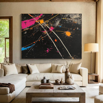 Black, Colorful Splashes, White Lines "Vibrant Chaos" Abstract Painting On Canvas HB021