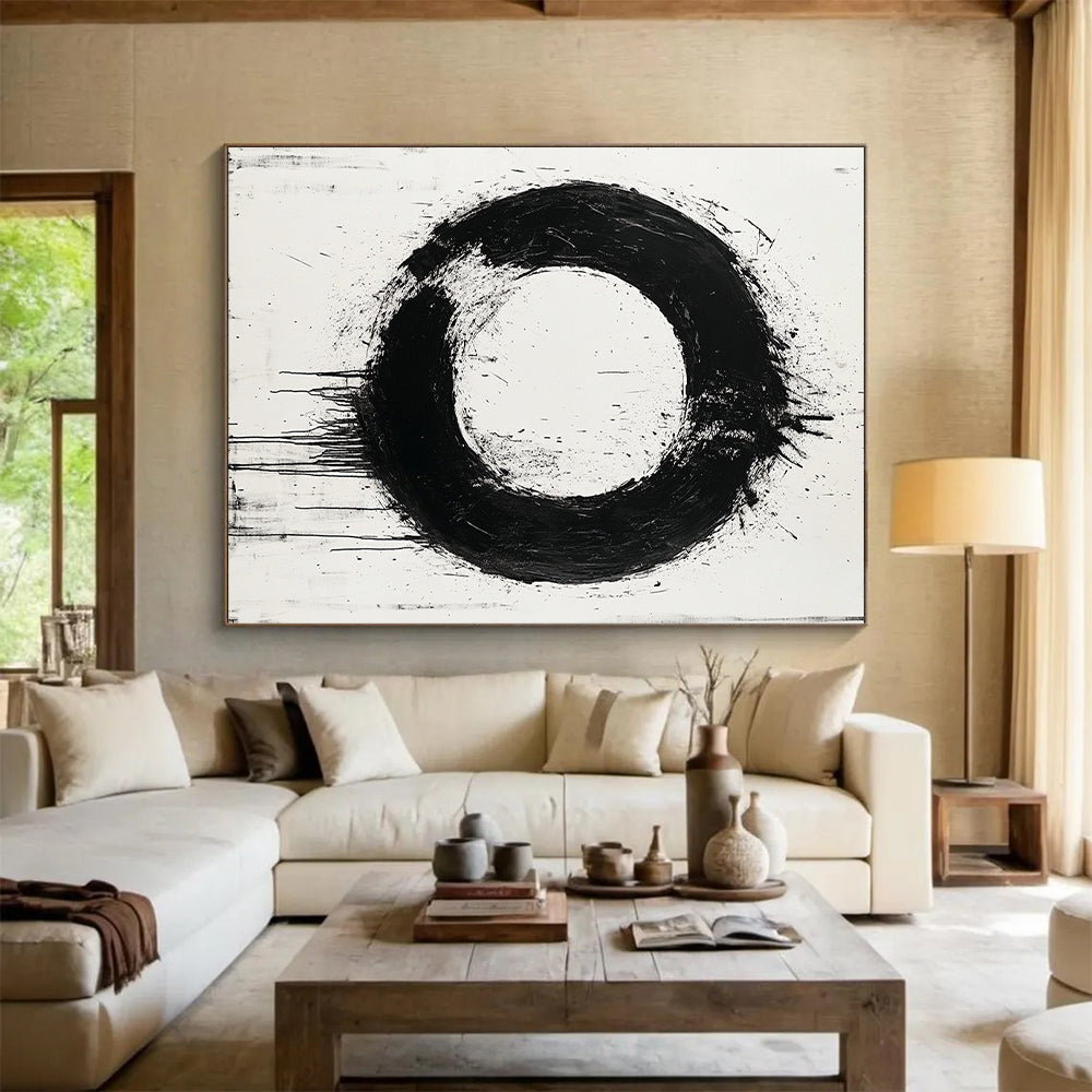 Black, White, Bold Circular Stroke "Zen Enso" Abstract Minimalist Painting On Canvas HB044
