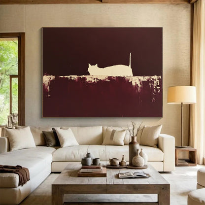 “Silhouette Cat in Brown” - Brown, White, Minimalist Cat Silhouette Painting On Canvas HB0956