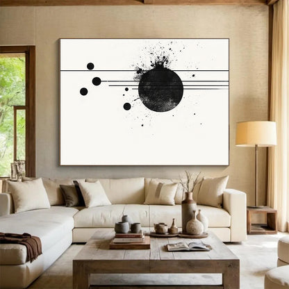 Black Circle with Splatter & Lines - “Elegant Ink Fusion” Painting On Canvas HB238