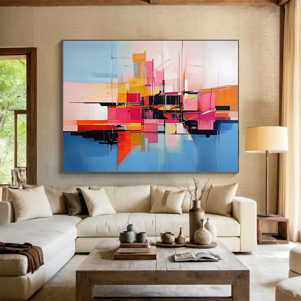 “Abstract Colorful City Geometry” - Colorful, Geometric Urban Shapes, Reflection Painting On Canvas HB0850