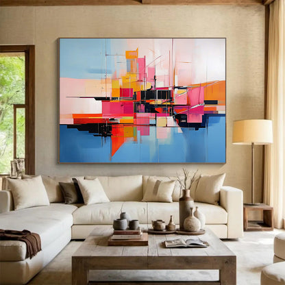 “Abstract Colorful City Geometry” - Colorful, Geometric Urban Shapes, Reflection Painting On Canvas HB0850