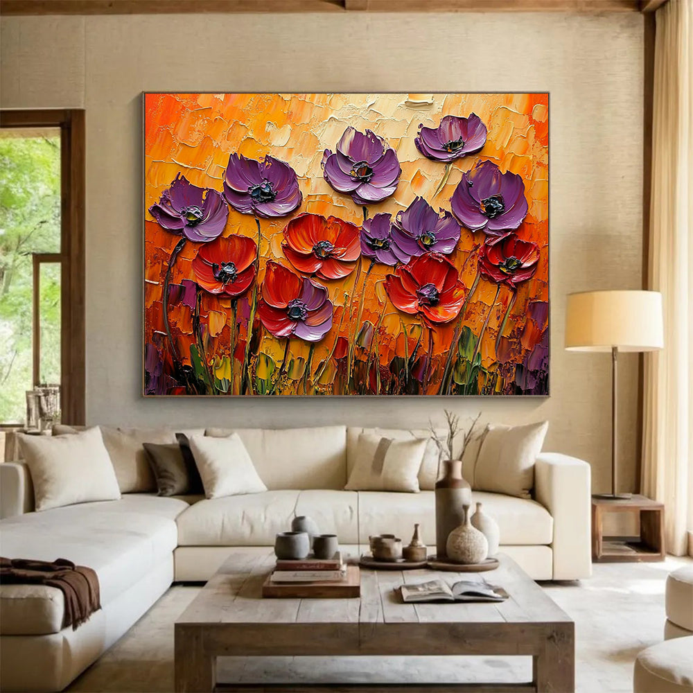 “3D Purple - Red Poppies” - Sculptural purple and red poppies on an orange backdrop, Impasto Floral Painting On Canvas HB0543