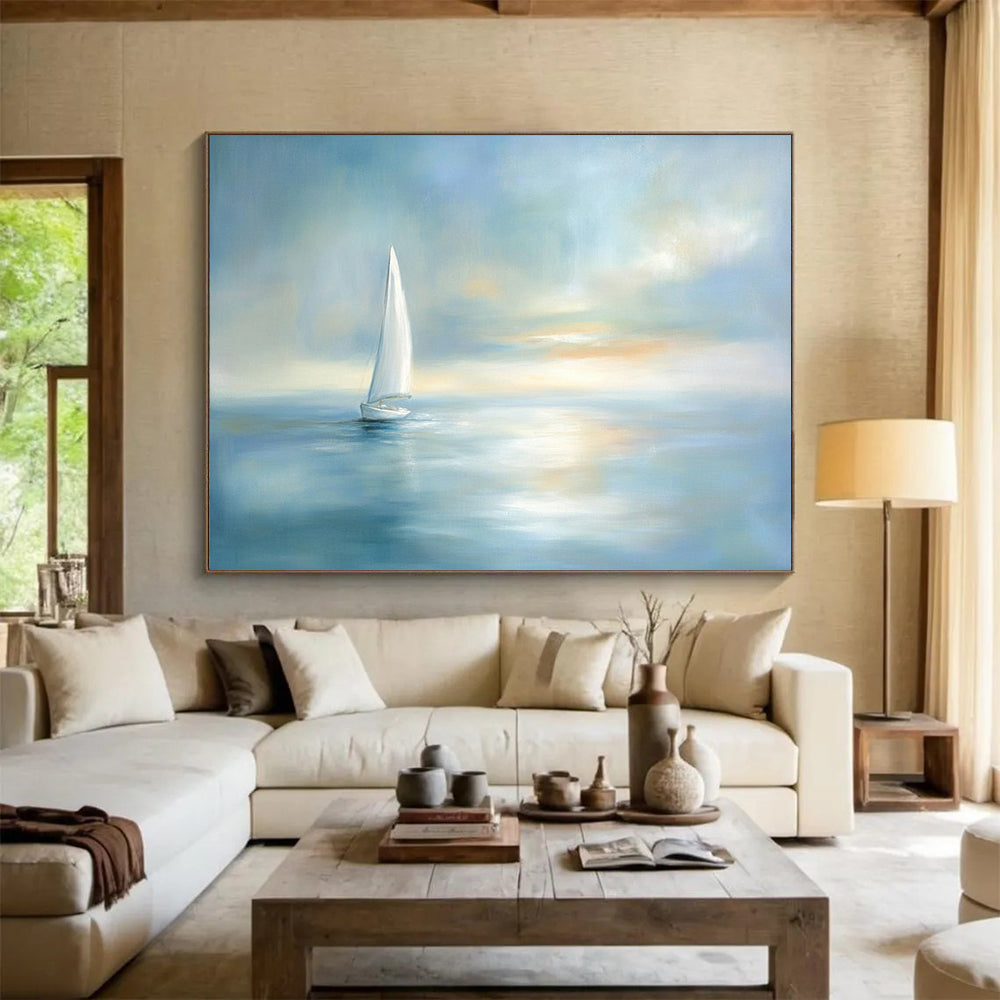 “Sailboat At Dusk” - Light Blue, White, Dreamy Sailboat Painting On Canvas HB0702
