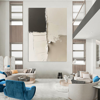 Contemporary abstract artwork features striking black and white impasto shapes and minimalist lines on a canvas with deconstructed paper elements in neutral tones. DLZ0524