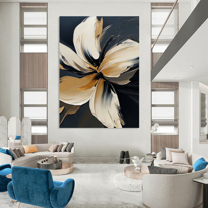 Contemporary abstract floral painting in bold white on black, featuring elegant detailing and atmospheric brushstrokes with golden highlights in high resolution. DLZ0826