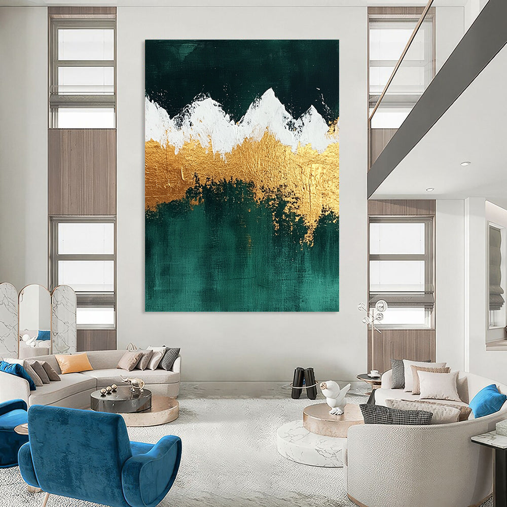 Contemporary hand-painted abstract art featuring gold and emerald green mountains with white snow enhanced by gold foil and textured surfaces. DLZ1321