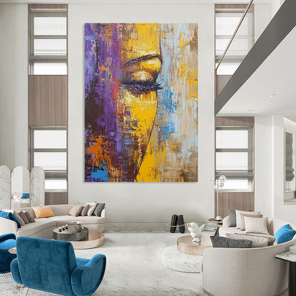 Contemporary hand-painted abstract artwork featuring textured palette knife techniques and vibrant hues of brown yellow purple and blue in an old cityscape. DLZ0581
