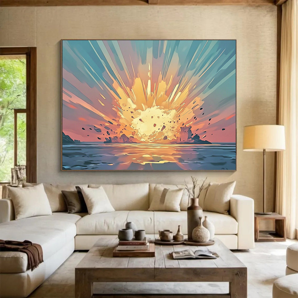 “Explosive Coastal Sunset” - Orange, Blue, Dynamic Coastal Explosion Painting On Canvas HB0891