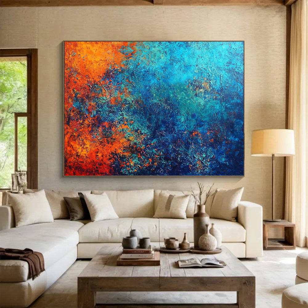 “Earthy Blue - Orange Blend” - Blue, Orange, Textured Abstract Painting On Canvas HB0737