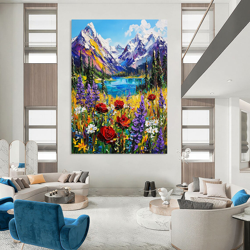 Contemporary hand-painted abstraction featuring vibrant British Columbia mountains snow-capped peaks lush forests and colorful wildflowers in an alpine meadow. DLZ1498
