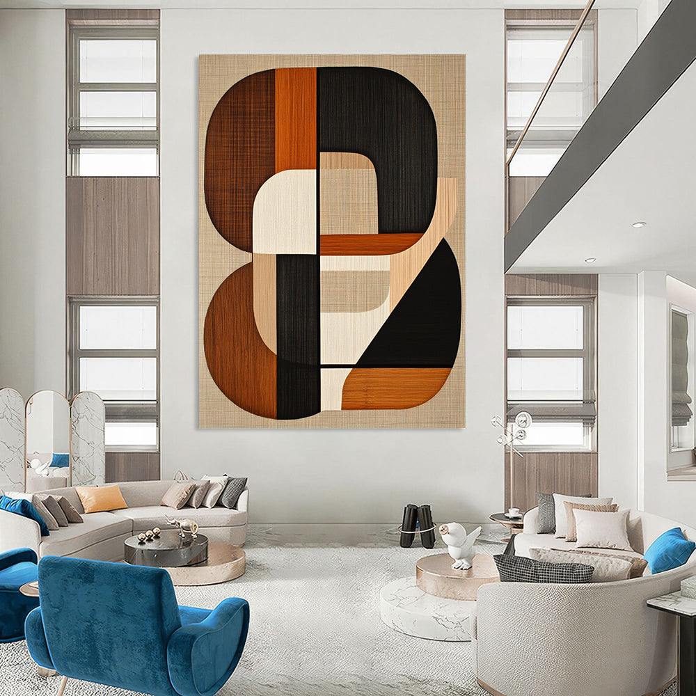 Contemporary hand-painted abstract artwork featuring mid-century modern shapes in earth tones with black lines on a beige background. DLZ1599