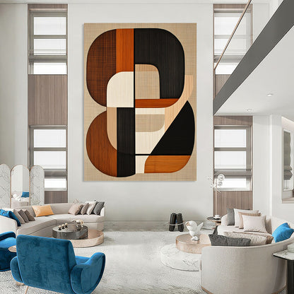 Contemporary hand-painted abstract artwork featuring mid-century modern shapes in earth tones with black lines on a beige background. DLZ1599