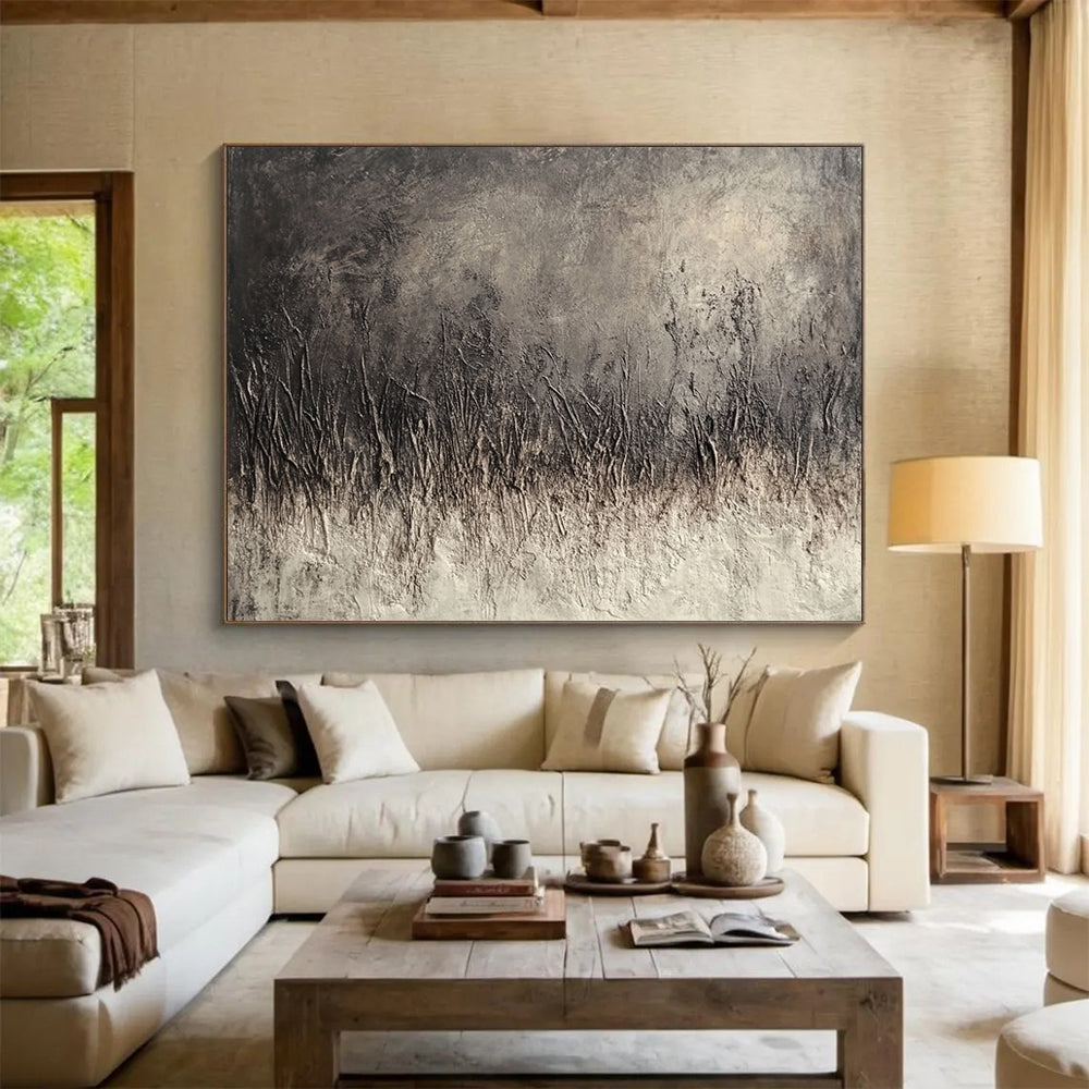 “Textured Gray Field” - Dark gray texture, grass - like forms, Textural Abstract Painting On Canvas HB0557