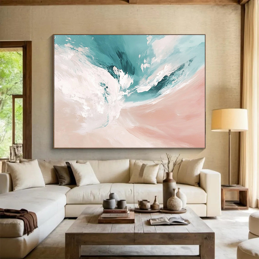 “Soft Blue - Pink Abstract Waves” - Blue, Pink, Abstract Waves Painting On Canvas HB0779