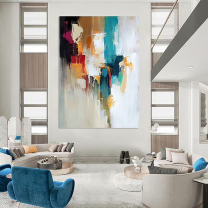 Contemporary hand-painted abstract art with soft colors and thick brushstrokes featuring beige, white, teal, green, orange, and brown tones. DLZ1055