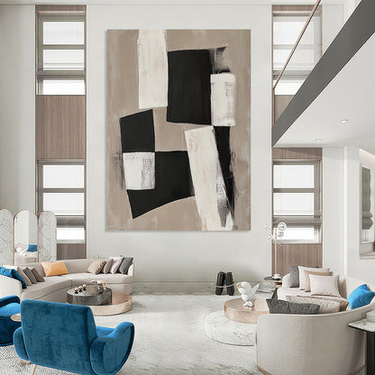 Large contemporary abstract painting featuring black and white organic blocks on a beige background connected by delicate lines for a unified minimalist design. DLZ1026