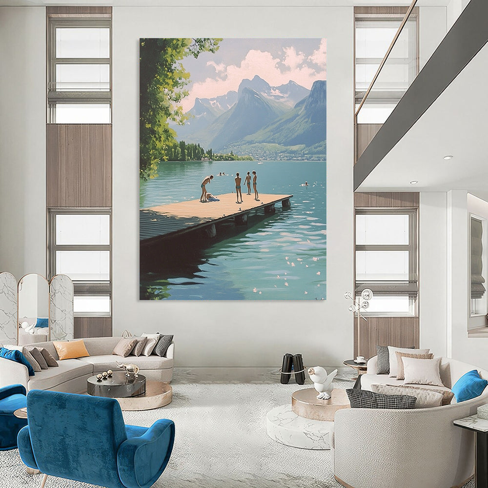 Contemporary abstract painting featuring swimmers on a dock at Lake Annecy with mountains in the background in a nostalgic 1970s vintage style. DLZ1108