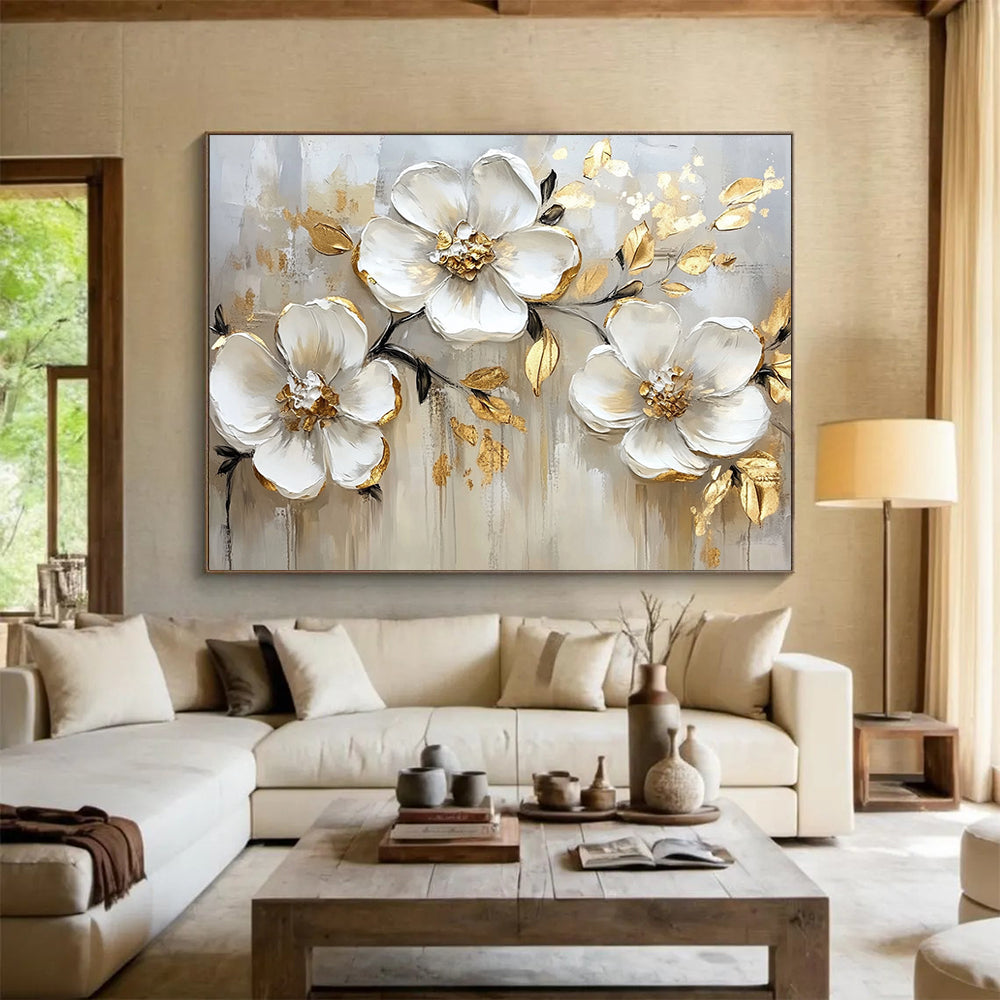 “White Flowers with Gold Edges on Beige” - White, Gold, Beige, White flowers with gold edges on beige - Impasto Oil Painting HB1787