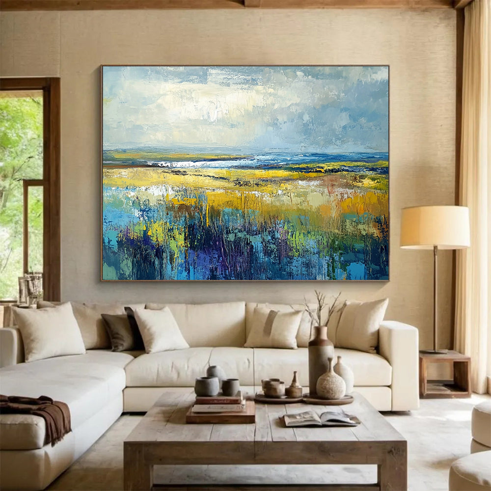 “Vibrant Prairie Dreams” - Yellow, Blue, Green, Purple, Expansive Field & Sky Scenes Painting On Canvas HB1023