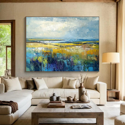 “Vibrant Prairie Dreams” - Yellow, Blue, Green, Purple, Expansive Field & Sky Scenes Painting On Canvas HB1023